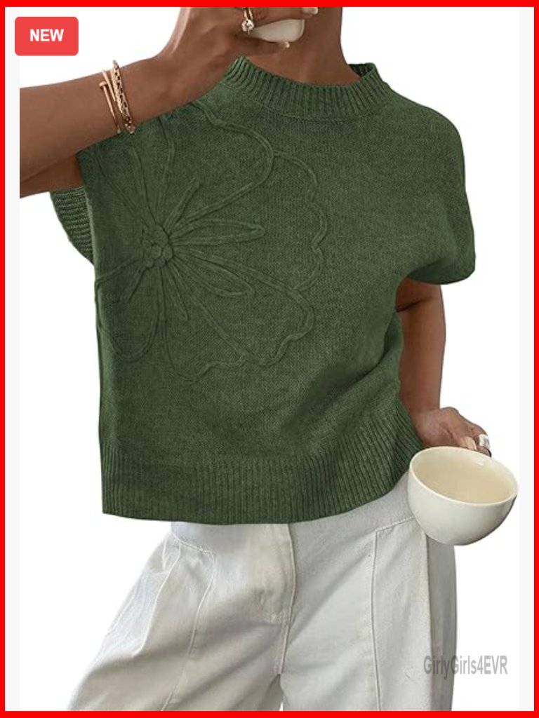 Women's Knit Sweater Vest Short Sleeve Pullover Tank Top 3d Flower Embellishment